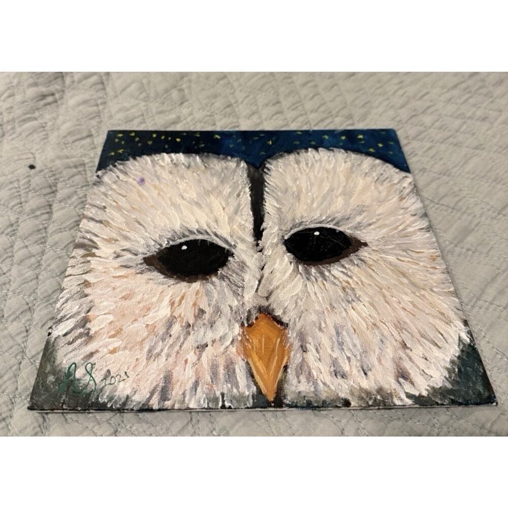 Barn owl face hand crafted painting on canvas board 8 x 8 frameable Wall Decor
